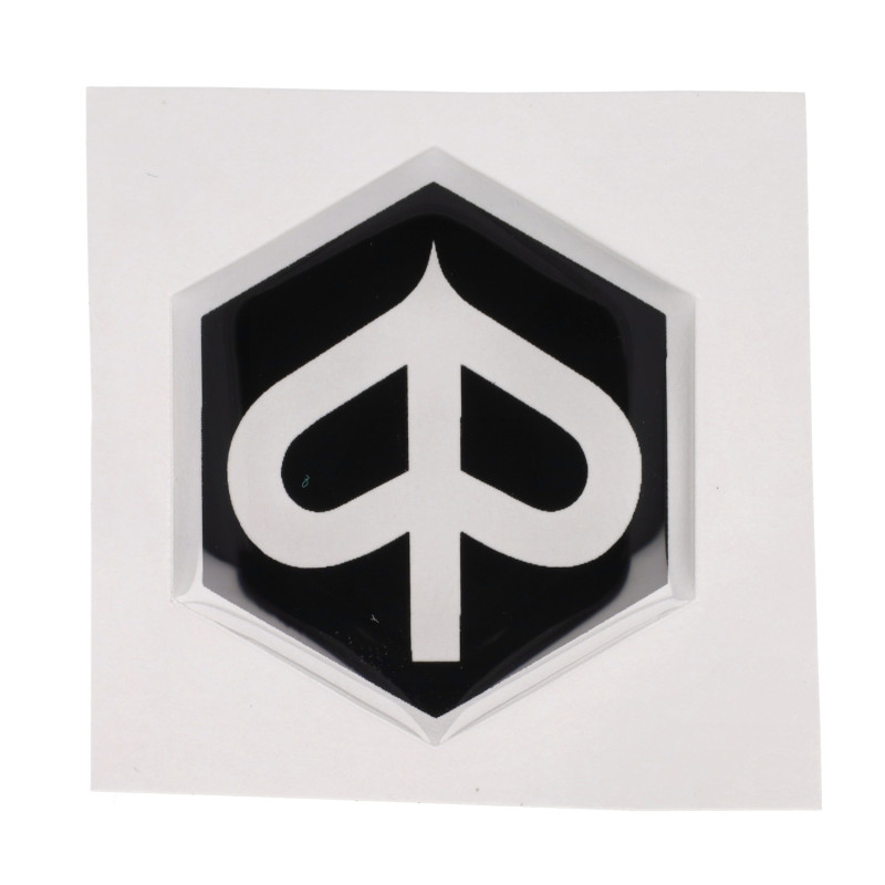 sticker logo voorscherm zeskant 3d zwart/transparant piaggio, zip 2t , zip 4t, zip2000, zip2000sp