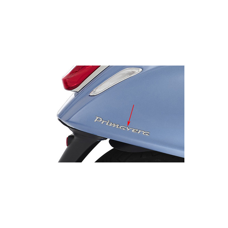 embleem Piaggio origineel woord [primavera] achterscherm 15cm chroom elettrica, primavera 50/125/150/180 1b000942