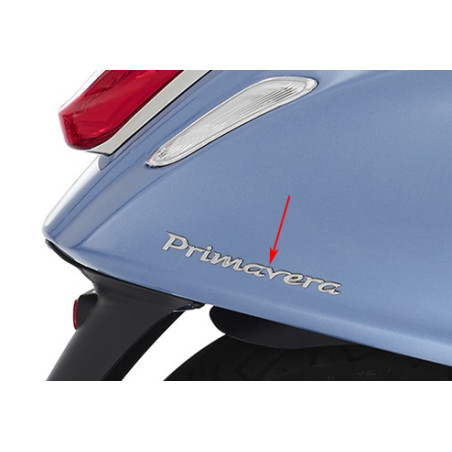 embleem Piaggio origineel woord [primavera] achterscherm 15cm chroom elettrica, primavera 50/125/150/180 1b000942