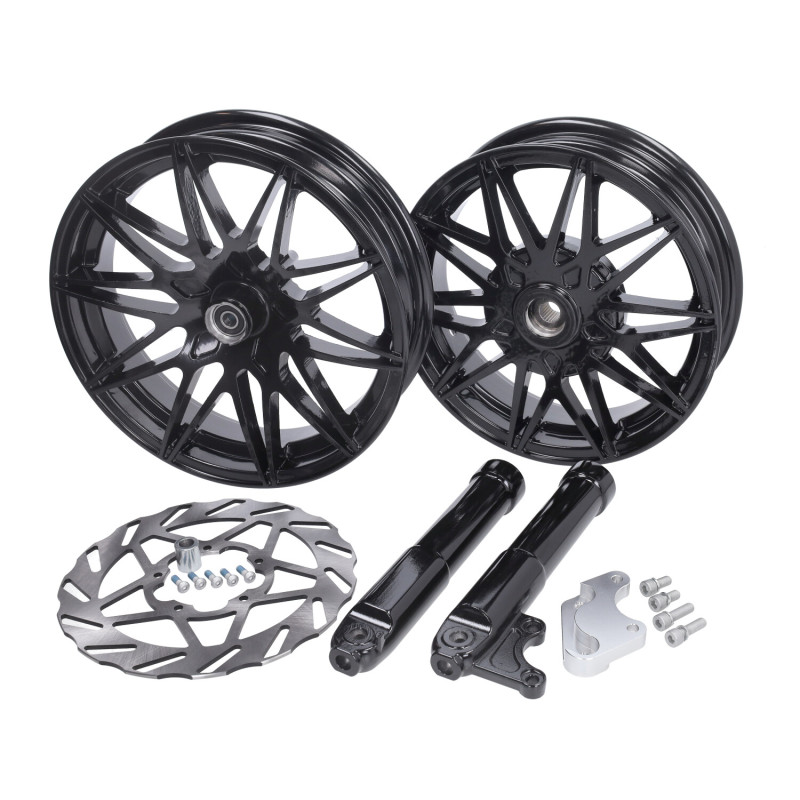 wielset Fast Arrow Pro 11 en 12 inch wiel + oversized remschijfset zwart glans piaggio, zip2000, zip 2t , zip 4t
