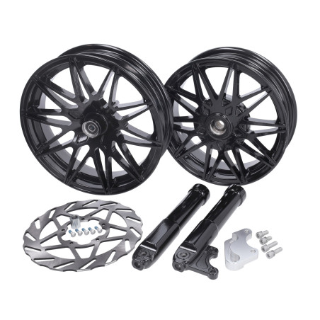 wielset Fast Arrow Pro 11 en 12 inch wiel + oversized remschijfset zwart glans piaggio, zip2000, zip 2t , zip 4t