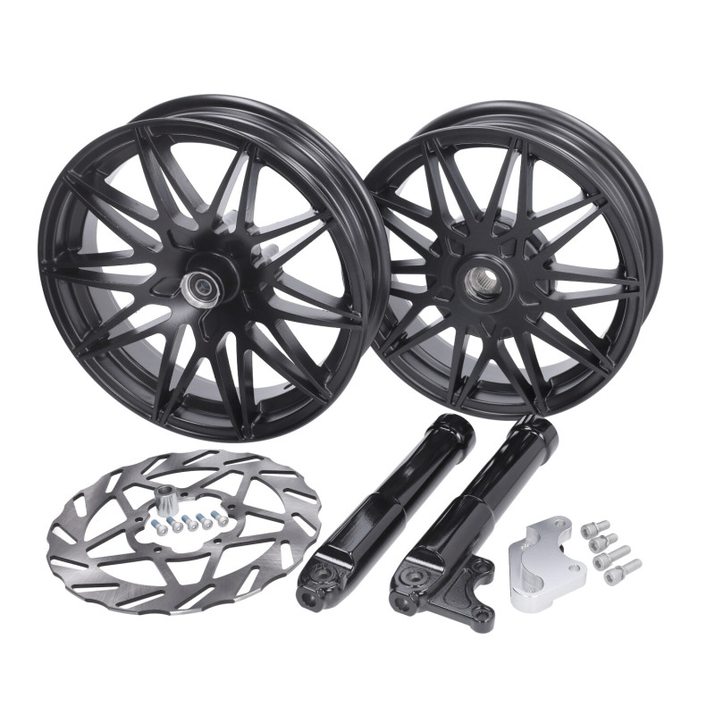 wheel set Fast Arrow Pro 11+12 insch +oversize brake disc set black matt piaggio, zip2000, zip 2t , zip 4t