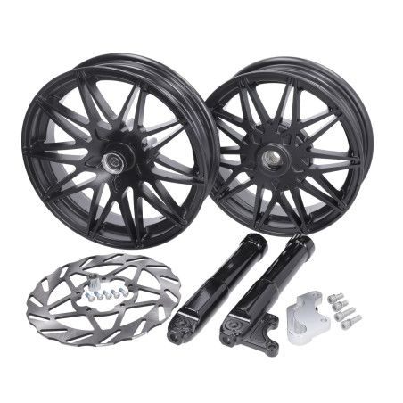 wielset Fast Arrow Pro 11 en 12 inch wiel + oversized remschijfset zwart mat piaggio, zip2000, zip 2t , zip 4t