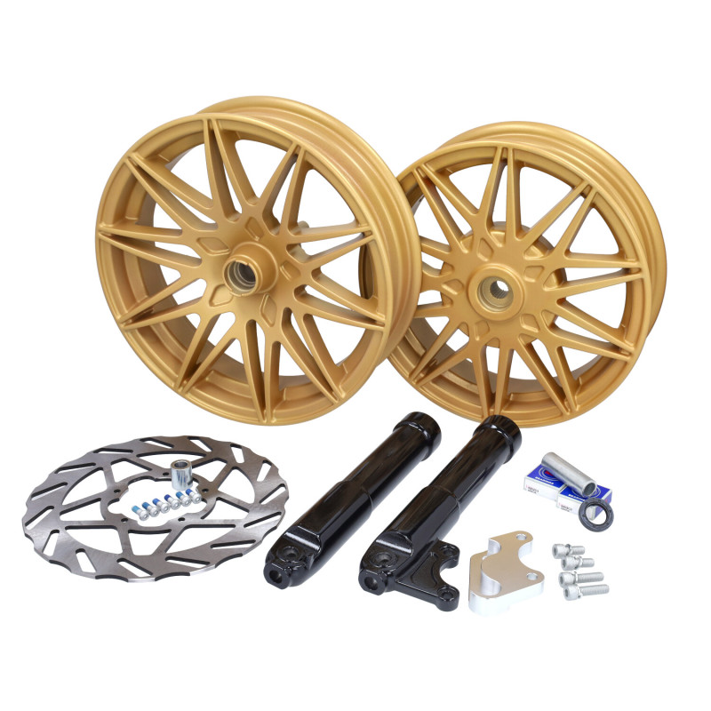 wheel set Fast Arrow Pro 11 and 12 inch wheel + oversized brake disc set gold piaggio, zip 2t , zip 4t, zip2000