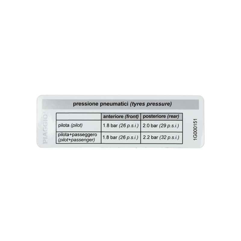sticker Piaggio original tire pressure Primavera, sprint 1g000151