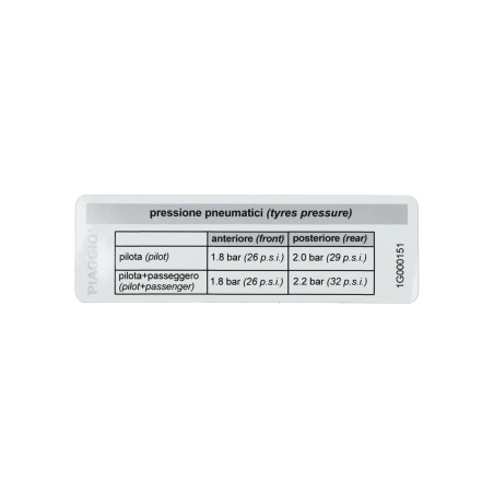 sticker Piaggio origineel bandenspanning primavera, sprint 1g000151