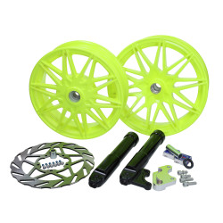 wielset Fast Arrow Pro 11 en 12 inch wiel + oversized remschijfset geel fluor piaggio, zip 2t , zip 4t, zip2000
